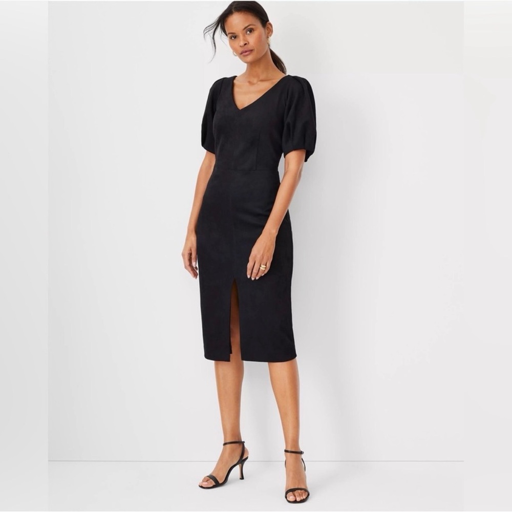 Ann Taylor NEW Faux Suede Black Puff Sleeve Sheath Dress Size 4